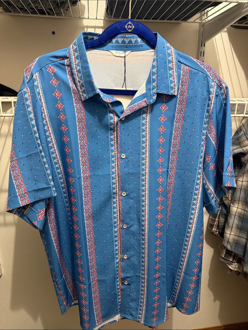 Lucky Brand Blue Short-Sleeve Button-Down with Red Geo Stripe